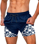 Men's blue coconut tree swim shorts for tropical vacations