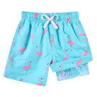 blue flamingo print swim trunks for boys summer beach wear