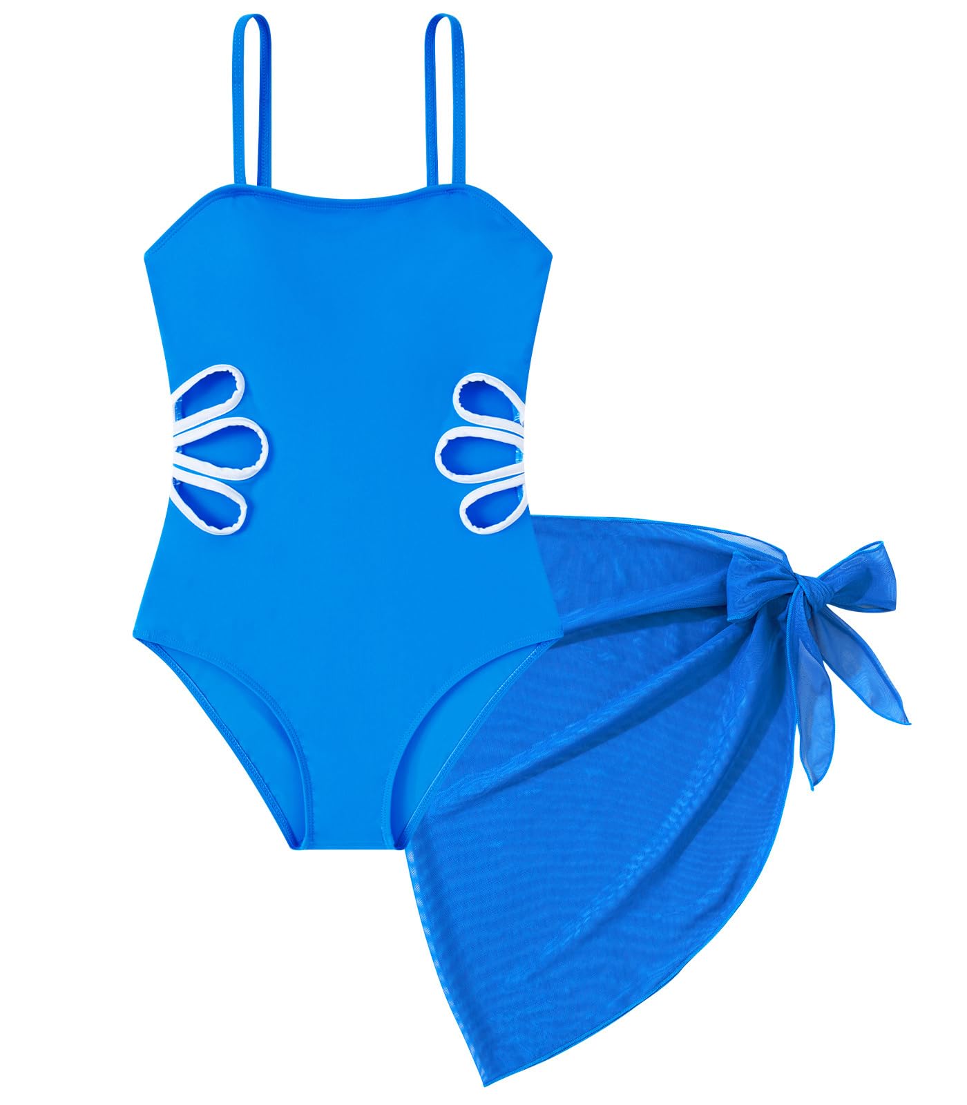 blue girls one piece swimsuit with wrap skirt