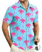 Men's blue Hawaiian shirt with palm tree print for beach and travel outfits.