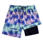 blue and purple tie dye boys swim trunks with black compression liner for beach and pool days