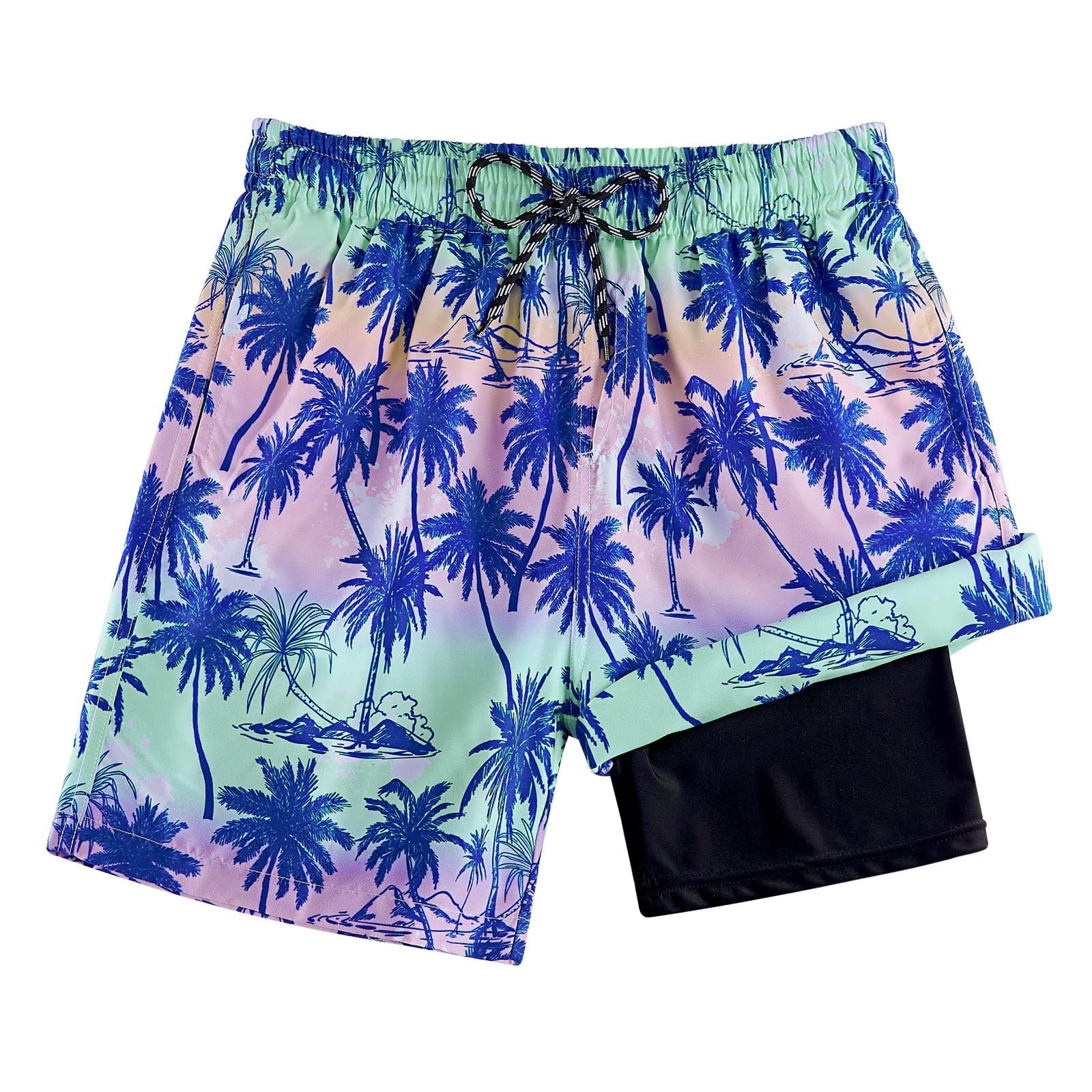 blue and purple tie dye boys swim trunks with black compression liner for beach and pool days