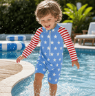 Toddler boy wearing a Blue Stars rash guard swimsuit while playing on the beach, designed for active summer water and outdoor activities.