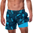 Men's blue tropical plant print swim shorts for beach vacations