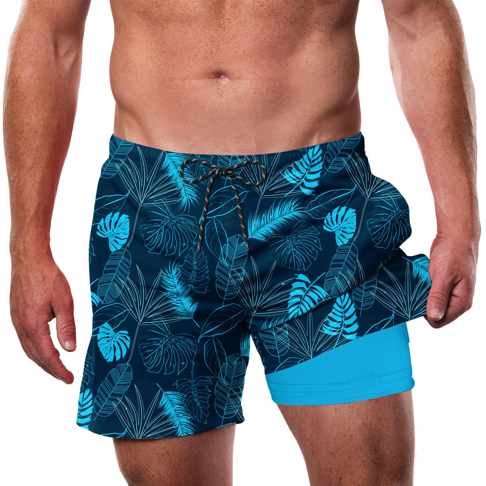 Men's blue tropical plant print swim shorts for beach vacations