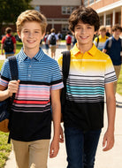 Boy wearing a blue yellow stripe color block polo shirt with casual shorts, comfortable kids outfit for school, travel and everyday activities.
