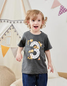 Boy wearing a number 3 birthday graphic T shirt, showing a cute party outfit style for birthday celebrations and photos.