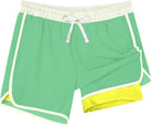Green boys 2-in-1 swim trunks with color block design, quick-dry fabric and built-in inner shorts.