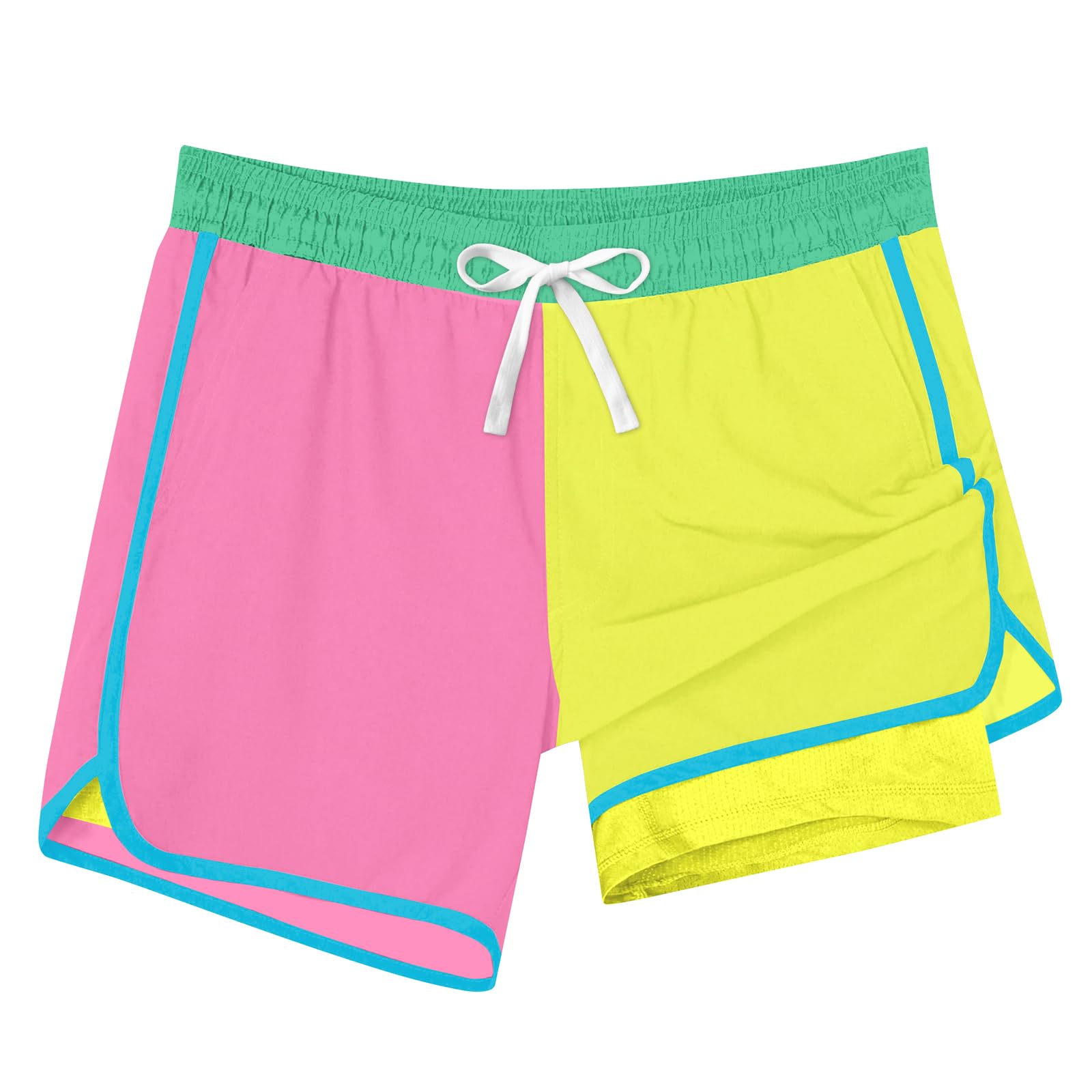 Pink boys 2-in-1 swim trunks featuring a sporty color block design and lightweight quick-dry fabric.