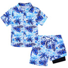 Boys Azure Leaf tropical shirt and swim shorts set with leaf print design, comfortable kids resort wear for summer.