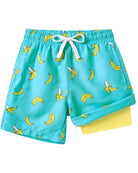 Boys banana print swim trunks with built-in liner and drawstring waist, lightweight quick dry swim shorts for summer activities.
