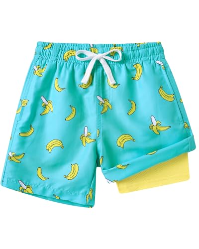 Boys banana print swim trunks with built-in liner and drawstring waist, lightweight quick dry swim shorts for summer activities.