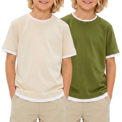 Boys beige and green color block T shirt set with two short sleeve tops, soft cotton blend clothing for everyday wear.