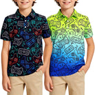 Boys black blue graphic polo shirt with sporty print design, soft stretch fabric for everyday outfits and outdoor activities.