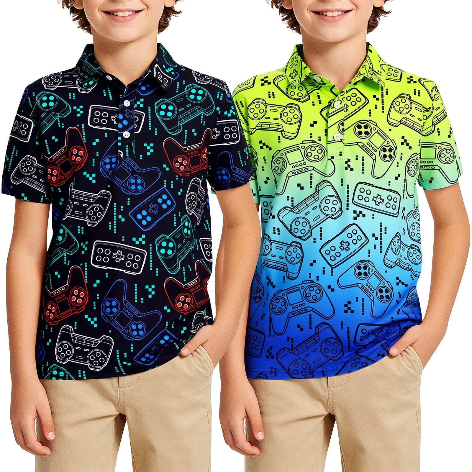 Boys black blue graphic polo shirt with sporty print design, soft stretch fabric for everyday outfits and outdoor activities.