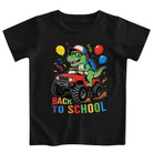 Boys black dinosaur graphic T shirt with colorful dinosaur print, stylish casual tee for kids.