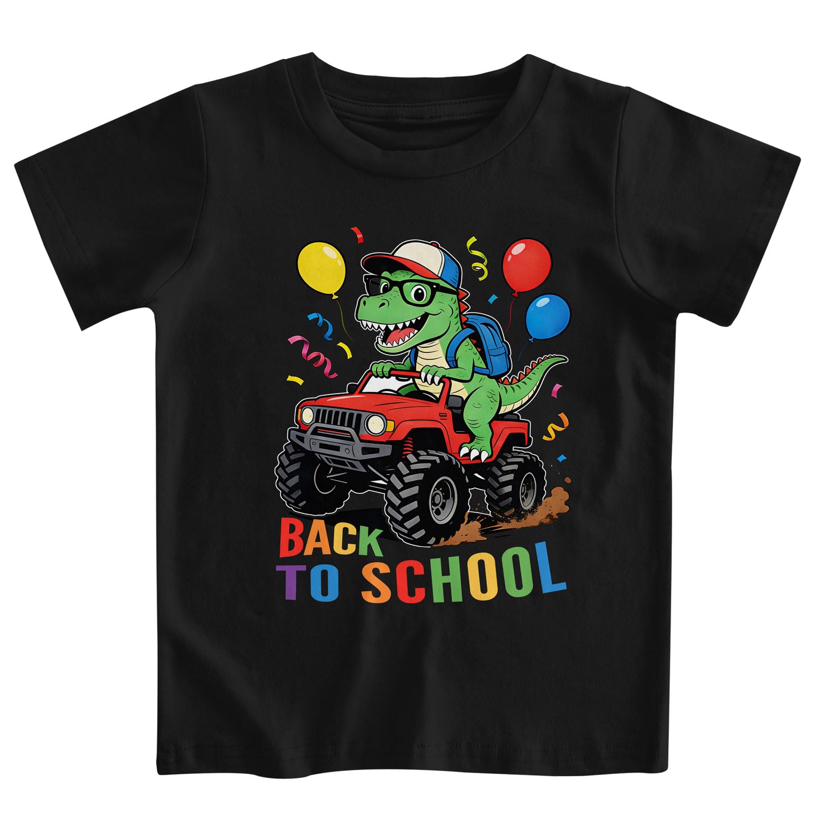 Boys black dinosaur graphic T shirt with colorful dinosaur print, stylish casual tee for kids.