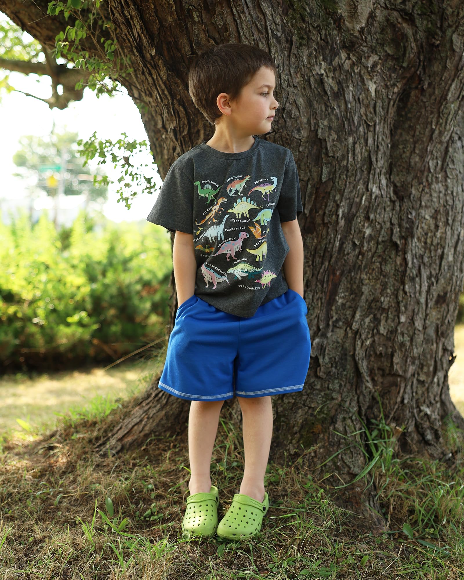 Boy wearing a black dinosaur graphic T shirt with blue shorts under a tree, showing a casual outdoor outfit with fun dinosaur print design.