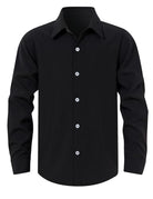 Boys black long sleeve button down shirt with classic formal style, perfect for parties, ceremonies and smart casual outfits.