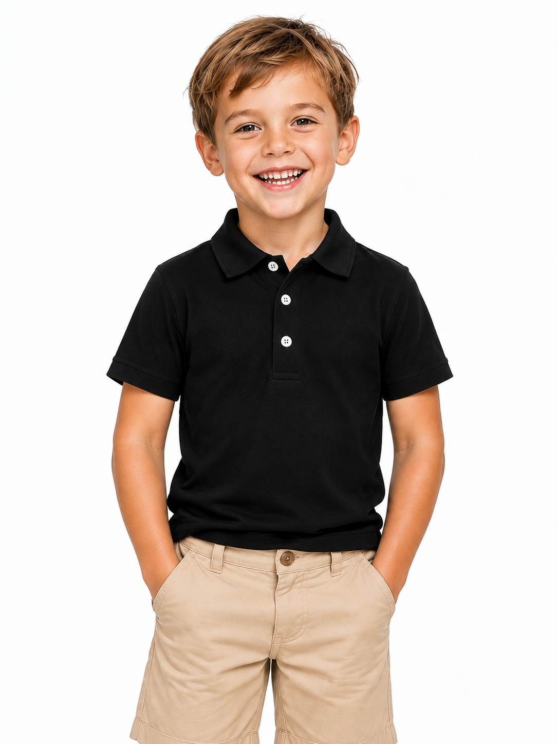 Boy wearing a black polo shirt matching his father's outfit, comfortable kids top for family occasions and casual wear.