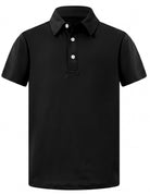 Boys black polo shirt with classic collar and stretch fabric, suitable for school uniforms and casual wear.