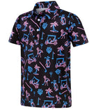 Boys black printed polo shirt with colorful all-over sports graphics, short sleeves and a classic collar for casual everyday wear.