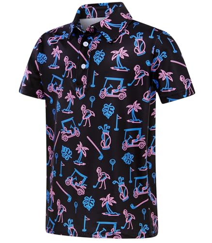Boys black printed polo shirt with colorful all-over sports graphics, short sleeves and a classic collar for casual everyday wear.