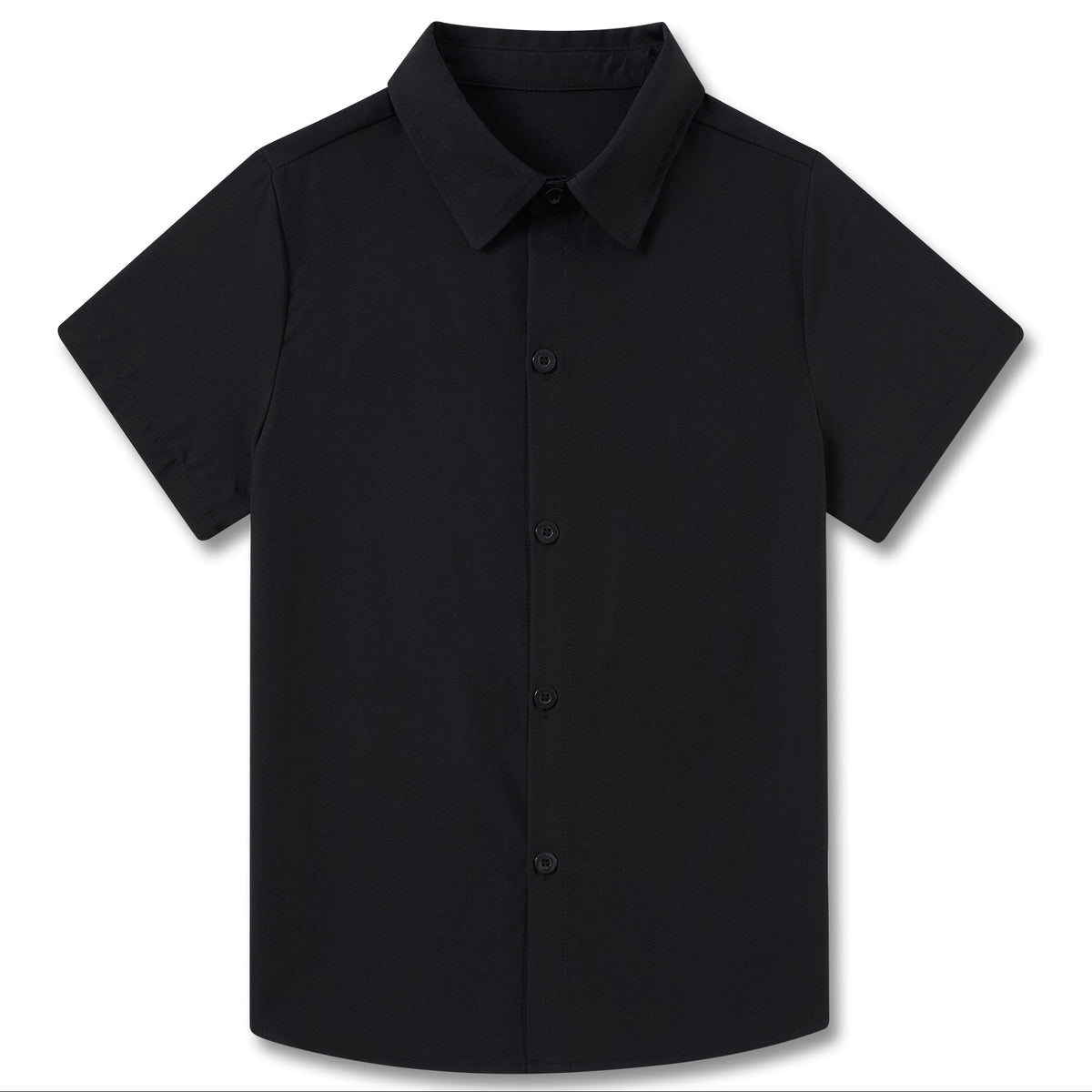 Boys black short sleeve button-up shirt with classic collar, front buttons and comfortable stretch fabric for casual and dressier outfits.
