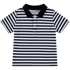 Boys black striped polo shirt with classic collar and short sleeves, versatile top for school and casual outfits.