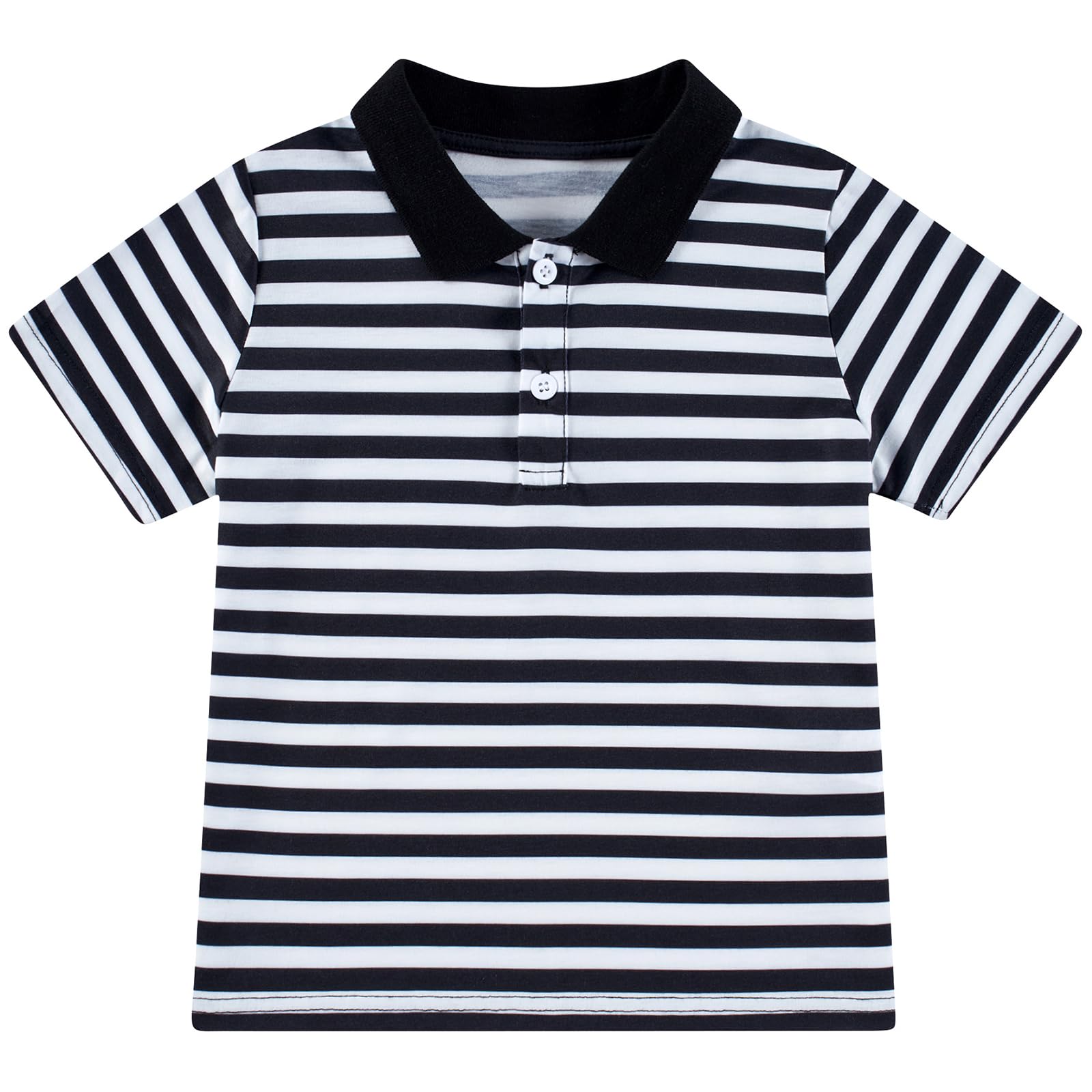 Boys black striped polo shirt with classic collar and short sleeves, versatile top for school and casual outfits.
