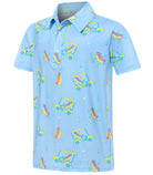 Boys blue printed polo shirt with colorful all-over graphics, short sleeves and a classic collar for casual everyday wear.