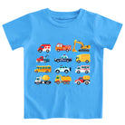 Boys blue car graphic T shirt with vehicle print design, comfortable cotton short sleeve top for kids.