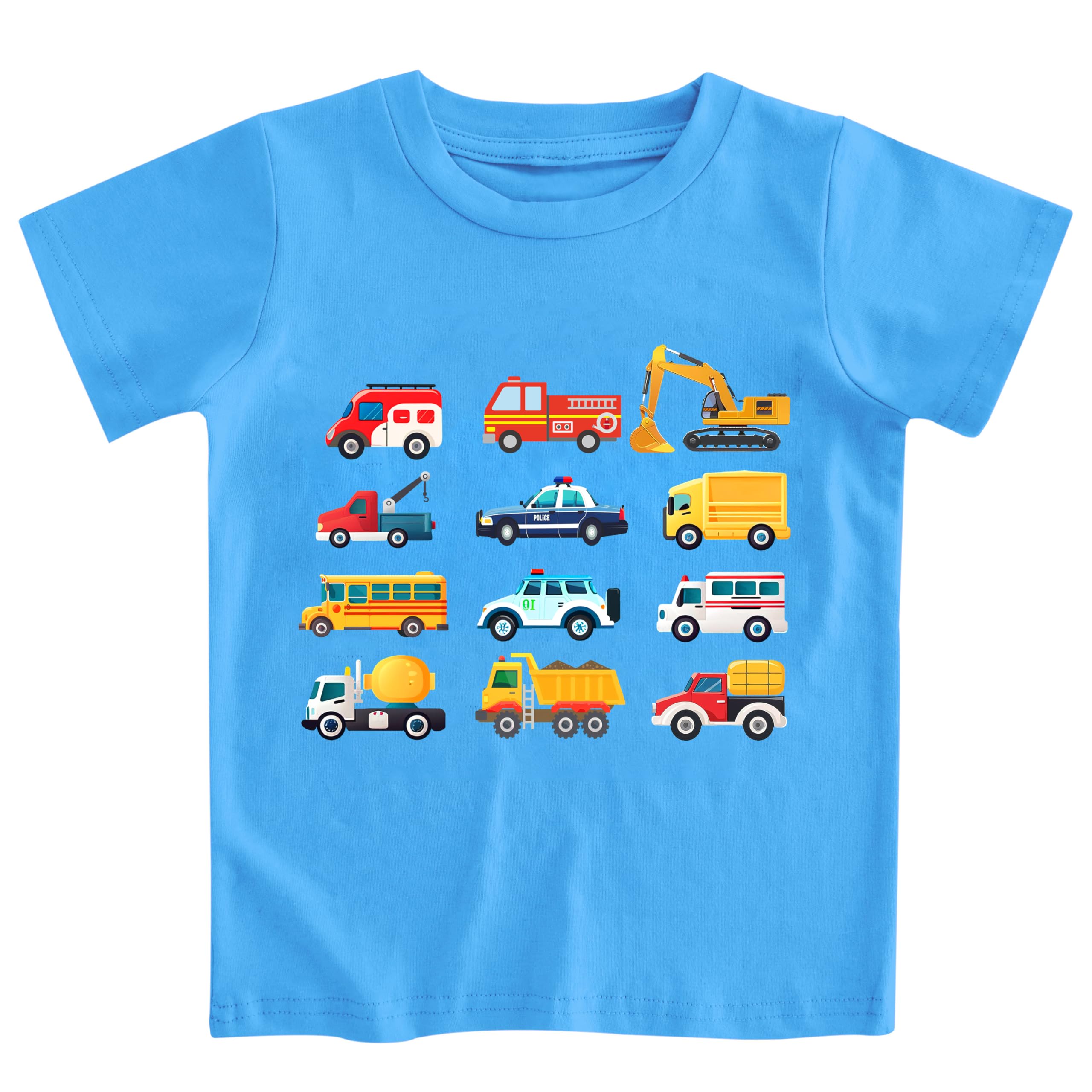 Boys blue car graphic T shirt with vehicle print design, comfortable cotton short sleeve top for kids.