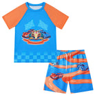 Boys blue car print swimwear set with matching shorts, fun vehicle themed swimsuit for summer activities.