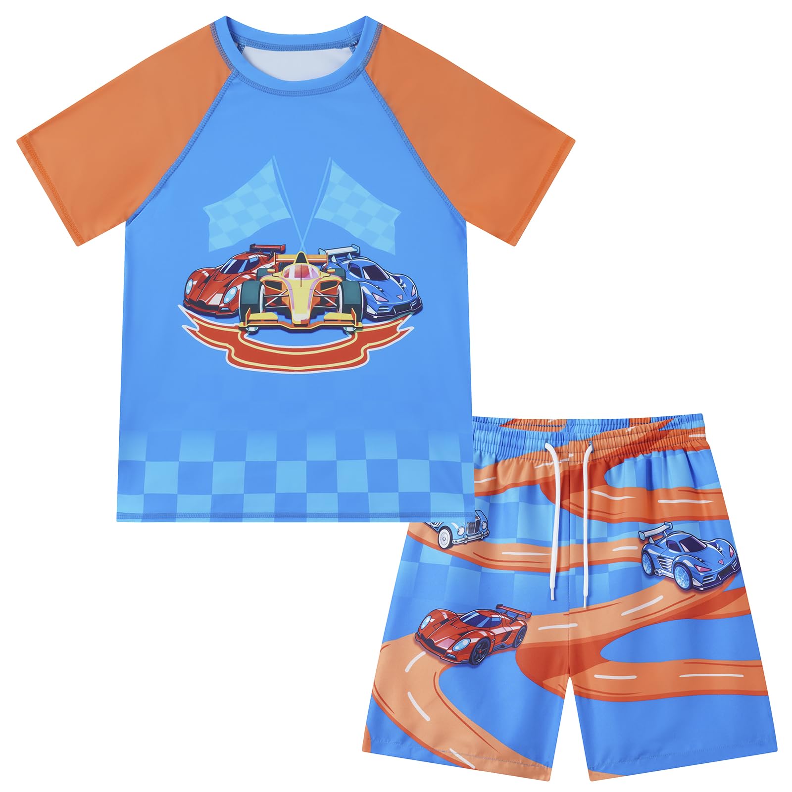 Boys blue car print swimwear set with matching shorts, fun vehicle themed swimsuit for summer activities.