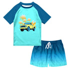 Boys Blue Car two-piece swim set with turquoise graphic rash guard and coordinating blue gradient swim trunks.