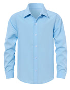 Boys blue long sleeve button down shirt with classic collar and wrinkle resistant fabric, perfect for school, formal events and everyday wear.