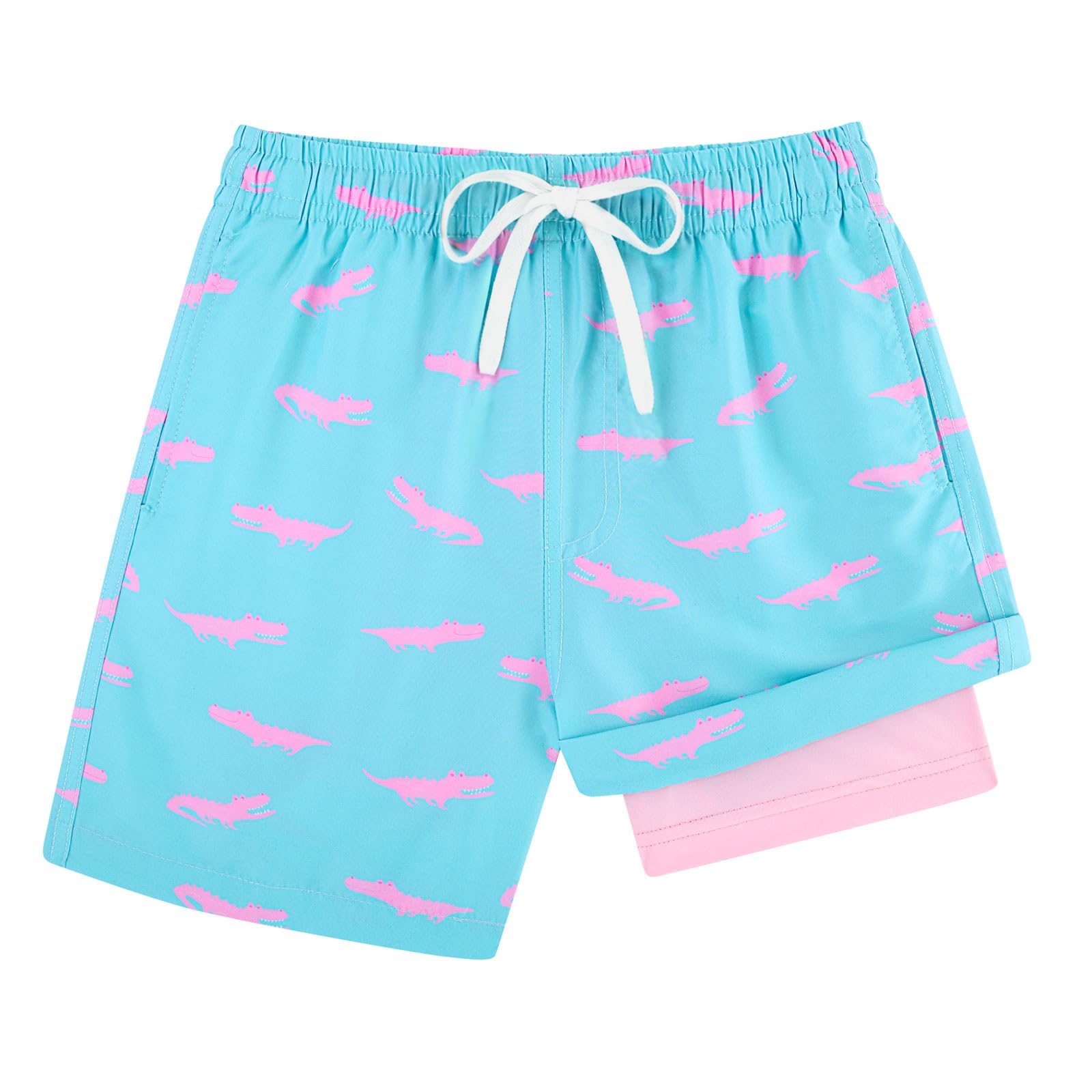 Boys blue crocodile printed swim trunks with compression liner and quick drying material for summer swimming.