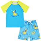 Boys blue duck printed swim set with short sleeve top and swim shorts, cute summer beach outfit for kids.
