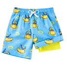 Boys blue duck printed swim shorts with quick dry material and compression liner for active kids.