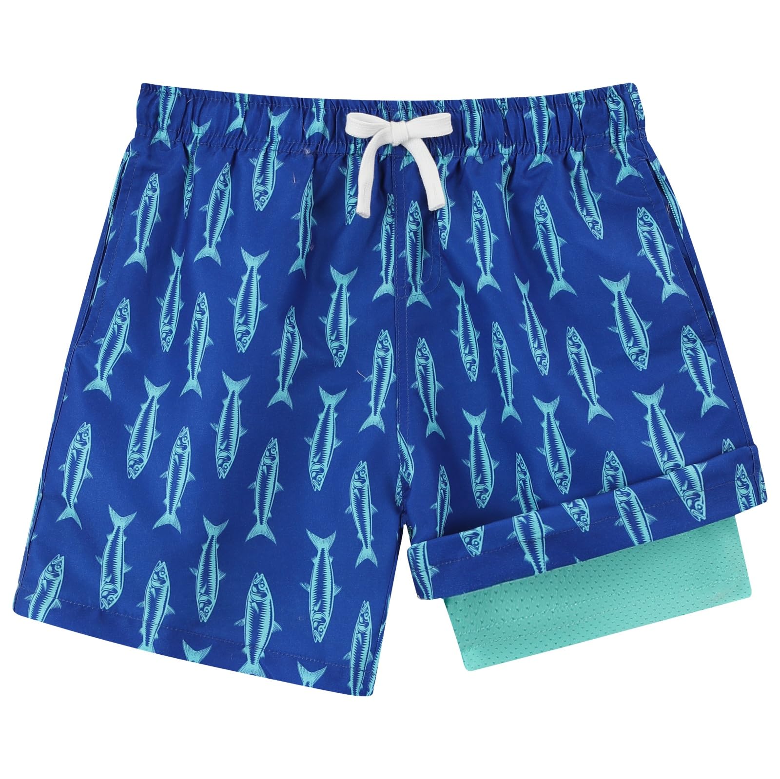 Boys blue fish printed swim trunks with comfortable liner and adjustable waistband for swimming and summer wear.