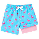 Boys blue flamingo compression swim trunks with quick dry fabric and built-in liner, comfortable swim shorts for summer activities.