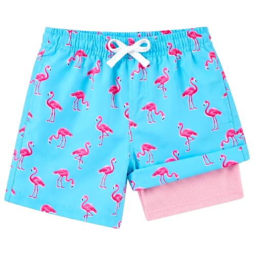 Boys blue flamingo compression swim trunks with quick dry fabric and built-in liner, comfortable swim shorts for summer activities.