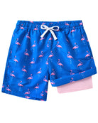 Boys blue flamingo swim trunks with built-in liner and quick dry fabric, fun summer swimwear for kids.
