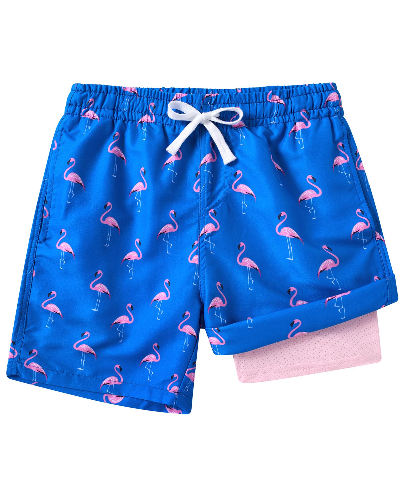 Boys blue flamingo swim trunks with built-in liner and quick dry fabric, fun summer swimwear for kids.
