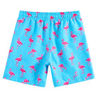Back view of boys blue flamingo swim trunks showing the full print design, relaxed fit and comfortable beachwear style.
