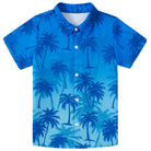 Boys blue gradient short sleeve button-down shirt with dark palm tree print, a colorful tropical style for summer and vacations.