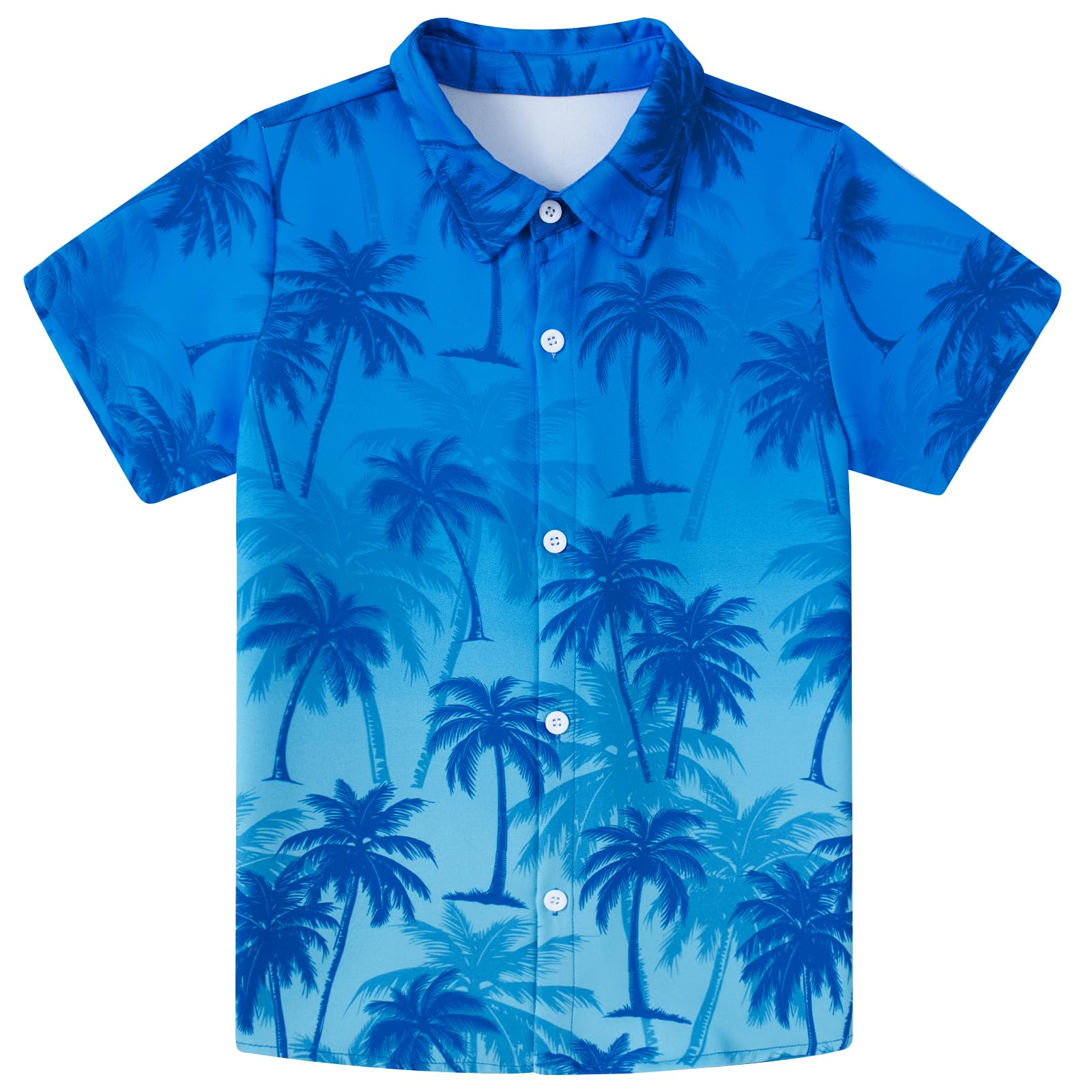 Boys blue gradient short sleeve button-down shirt with dark palm tree print, a colorful tropical style for summer and vacations.