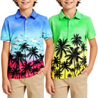 Boys blue green palm print polo shirt with tropical pattern, lightweight short sleeve top for summer casual wear.