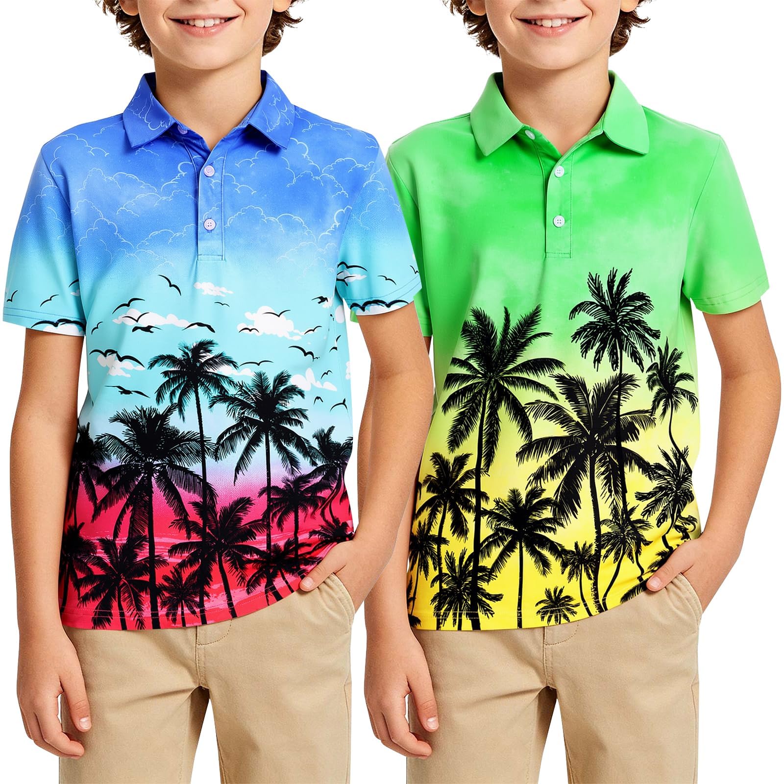 Boys blue green palm print polo shirt with tropical pattern, lightweight short sleeve top for summer casual wear.